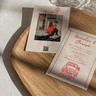 Retro Red QR-kod, skrivet foto Bröllop i Hand ploc Inbjudningar
