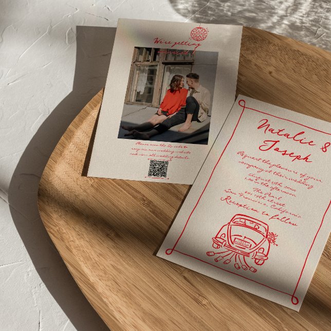 Retro Red QR-kod, skrivet foto Bröllop i Hand ploc Inbjudningar (Skapare uppladdad)