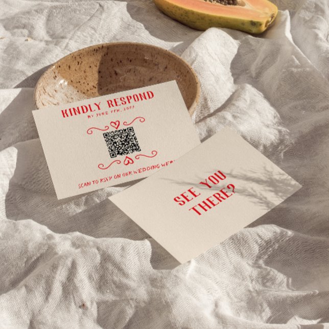 Retro Red QR-koden Hand plockade Quirky Bröllop OSA Kort (Skapare uppladdad)