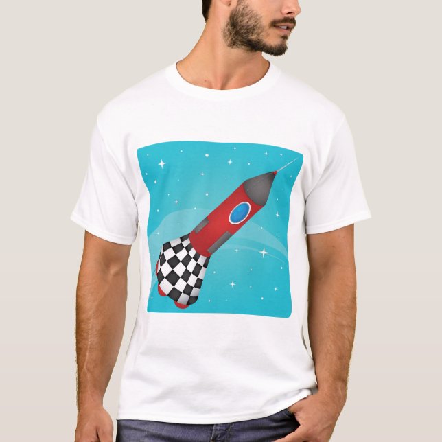 Retro Red Rocket Ship in Space Galactic T Shirt (Framsida)