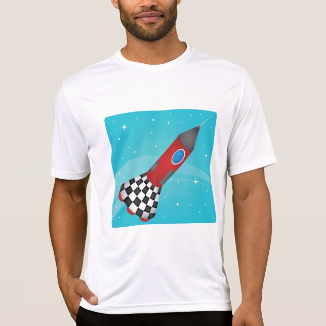 Retro Red Rocket Ship in Space Galactic T Shirt (Framsida)