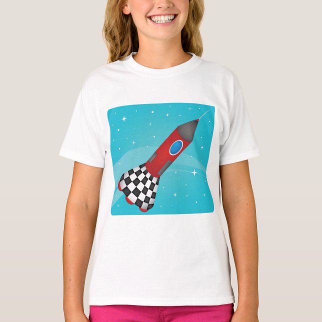 Retro Red Rocket Ship in Space Galactic T Shirt (Framsida)