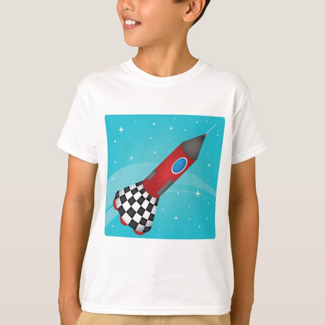 Retro Red Rocket Ship in Space Galactic T Shirt (Framsida)