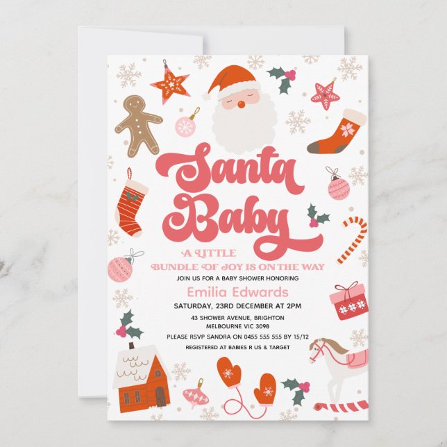 Retro Red Rosa Girls Santa Baby Baby Shower Inbjudningar (Framsida)