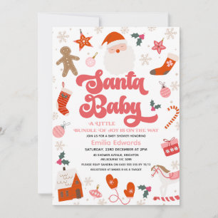 Retro Red Rosa Girls Santa Baby Baby Shower Inbjudningar