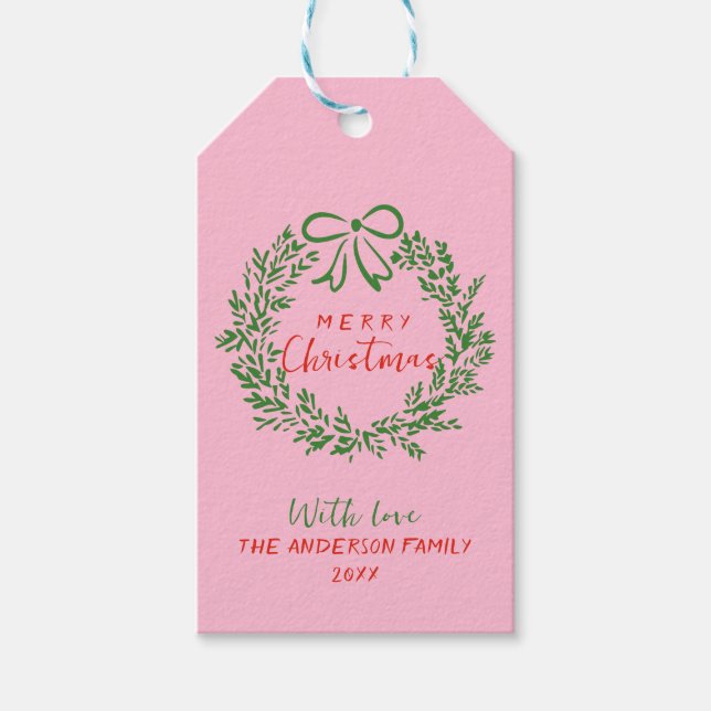 Retro Red Rosa Hand plockade Ribbon God jul Presentetikett (Framsidan)