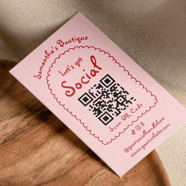 Retro Red Rosa Handwrite Girly Whimsical QR-kod Visitkort (Hand drawn whimsical blush pink and red QR code business cards - use it for your socials or website)