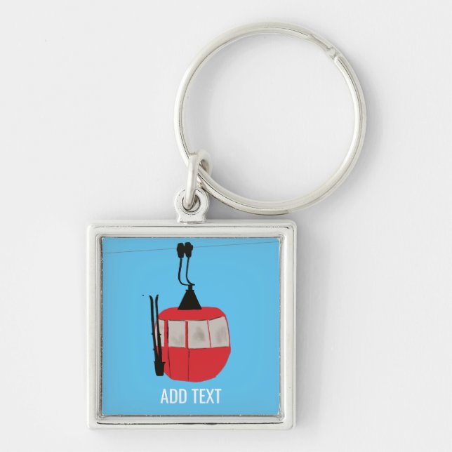 Retro Red Ski Gondola Hiss Personlig Blue Fyrkantig Silverfärgad Nyckelring (Framsidan)