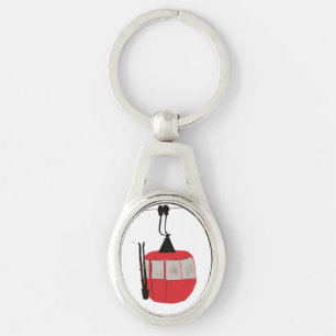 Retro Red Ski Gondola Hiss Personlig Ovalt Silverfärgad Nyckelring