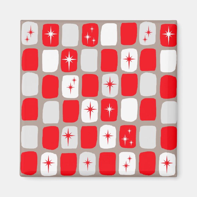 Retro Red Starbursts Square Magnet (Framsidan)
