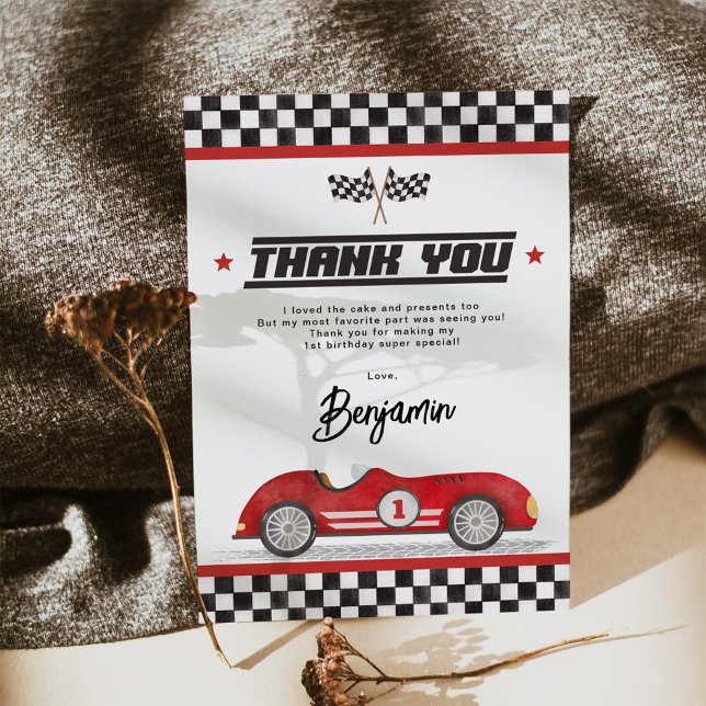 Retro Red Tävling Car Boy Födelsedagsfest Tack Kort (Skapare uppladdad)