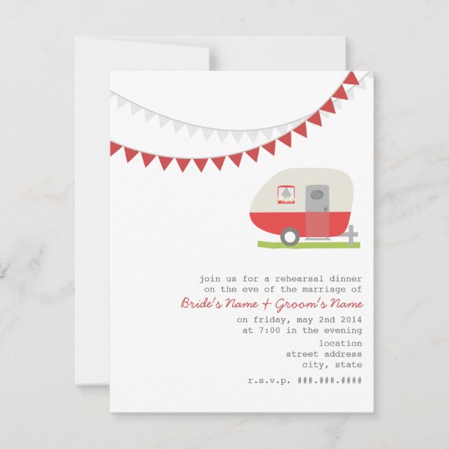 Retro Red Trailer Bröllop Rehearsine Middag Inbjudningar (Framsida)