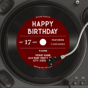 Retro Red Vinyl Record Black Grattis på födelsedag Inbjudningar