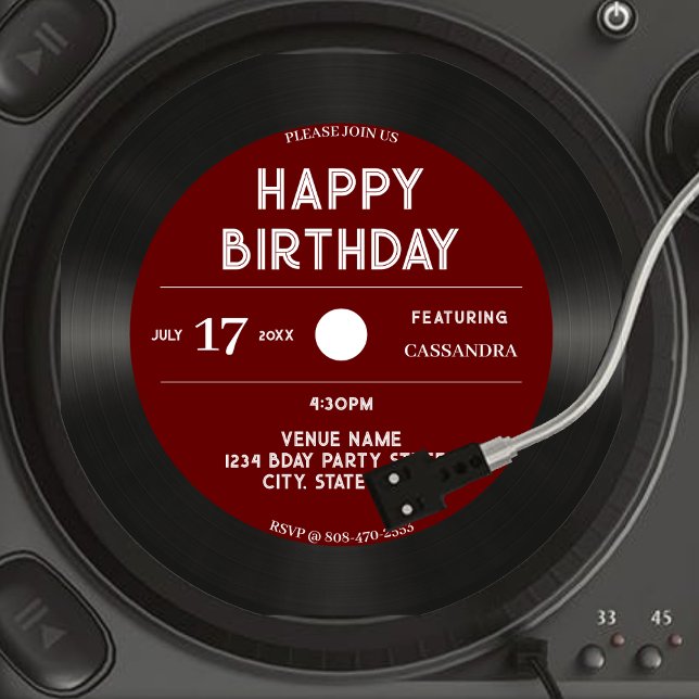 Retro Red Vinyl Record Black Grattis på födelsedag Inbjudningar (Retro Red Vinyl Record Black Happy Birthday Party Invitation)