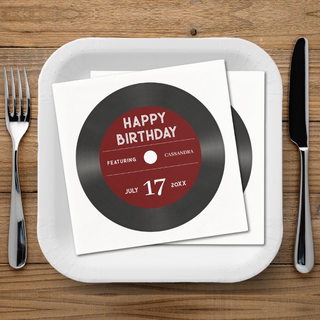 Retro Red Vinyl Record Black Grattis på födelsedag Pappersservett (Retro Red Vinyl Record Black Happy Birthday Party Napkins)