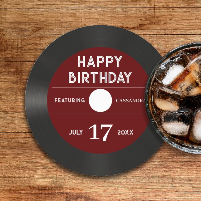 Retro Red Vinyl Record Black Grattis på födelsedag Underlägg Papper Rund (Retro Red Vinyl Record Black Happy Birthday Party Round Paper Coaster
)