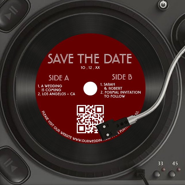 Retro Red Vinyl Record Bröllop spara datum Spara Datumet (Retro Red Vinyl Record Wedding Save The Date)