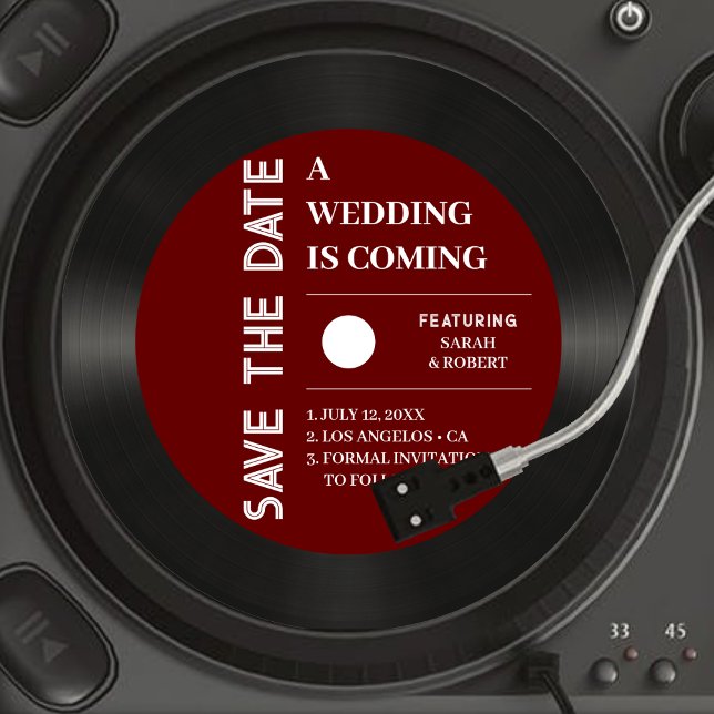 Retro Red Vinyl Record Bröllop spara datum Spara Datumet (Retro Red Vinyl Record Wedding Save The Date)