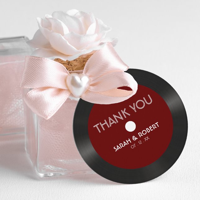 Retro Red Vinyl Record Bröllop Tack Gåvor Etiketter (Retro Red Vinyl Record Wedding Thank You Favor Tags)