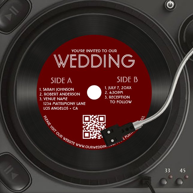 Retro Red Vinyl Record Photo Bröllop Inbjudningar (Retro Red Vinyl Record Photo Wedding Invitation)