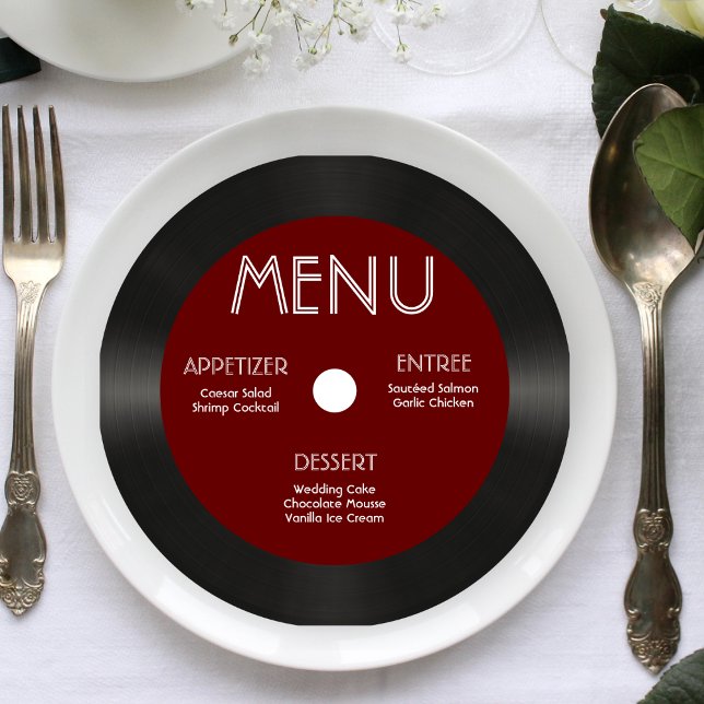 Retro Red Vinyl Record Wedding Reception Menu Inbjudningar (Retro Red Vinyl Record Wedding Reception Menu Invitation)