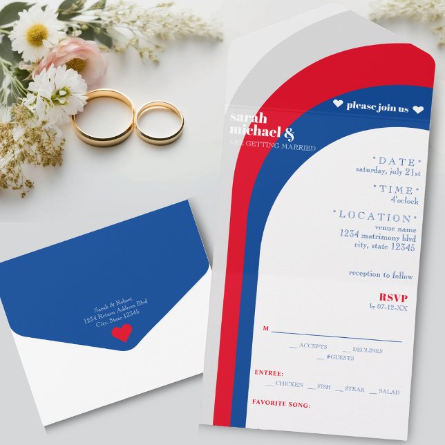 Retro Red White och Blue Curved Arch Rand Bröllop (Retro Red White & Blue Curved Arch Stripe Wedding All In One Invitation)