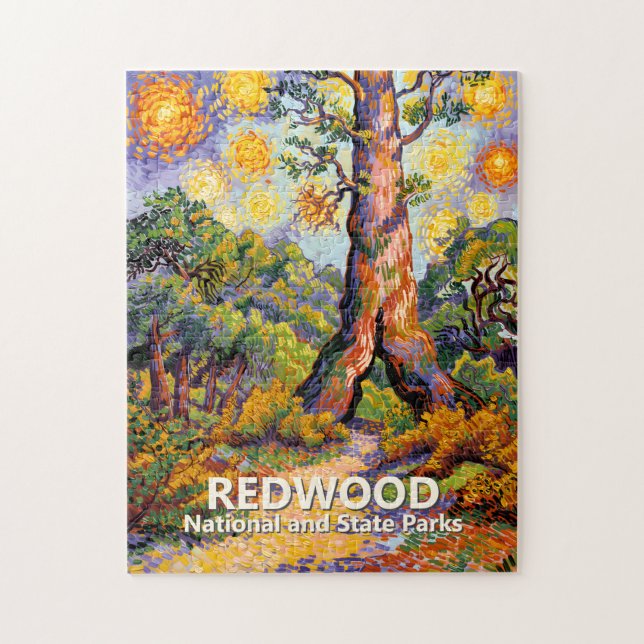 Retro Redwood Skog Färgstark Wilderness Van Gogh Pussel (Vertikal)