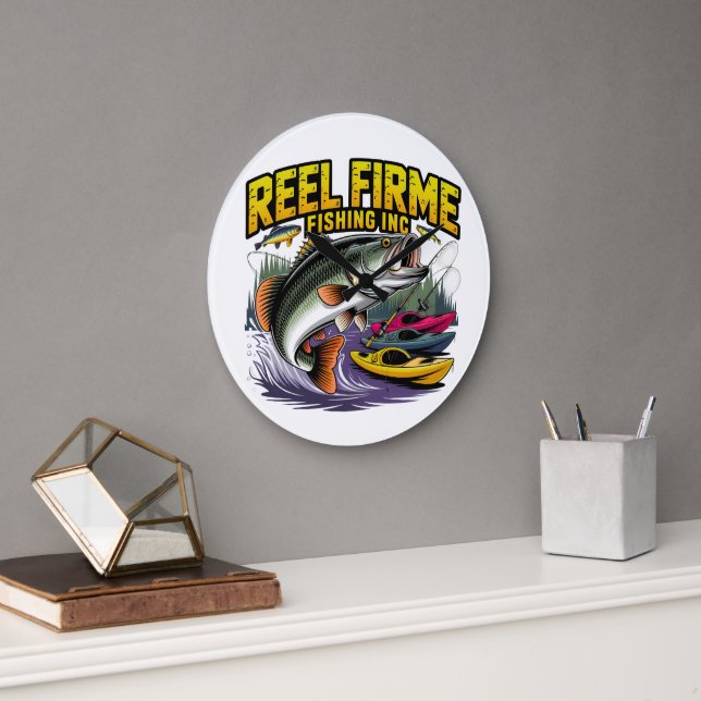 Retro "Reel Firme Fishing Inc" Bass & Kanot Väggta Stor Klocka (Kontor)