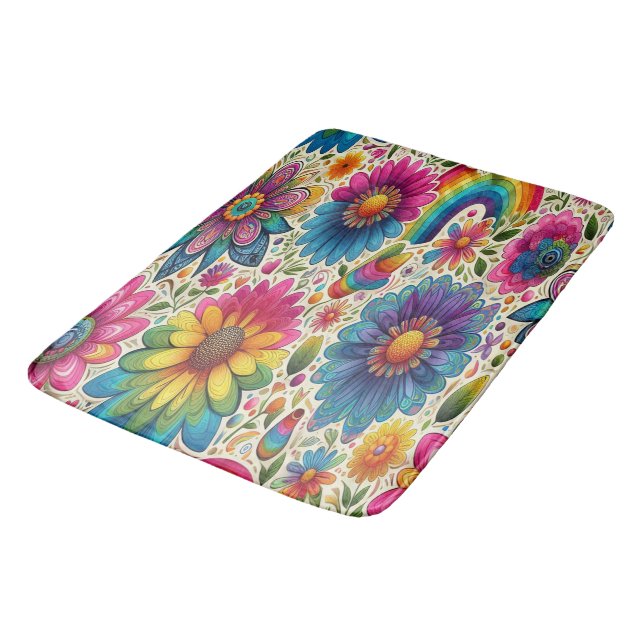 Retro regnbåge Hippie Blommig Badrumsmatta (Vinklad)