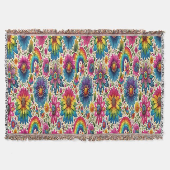 Retro regnbåge Hippie Blommig Filt (Framsidan)