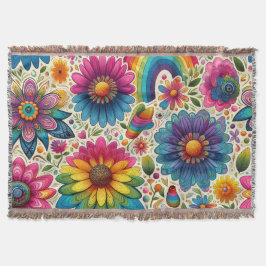 Retro Regnbåge Hippie Blommig Filt