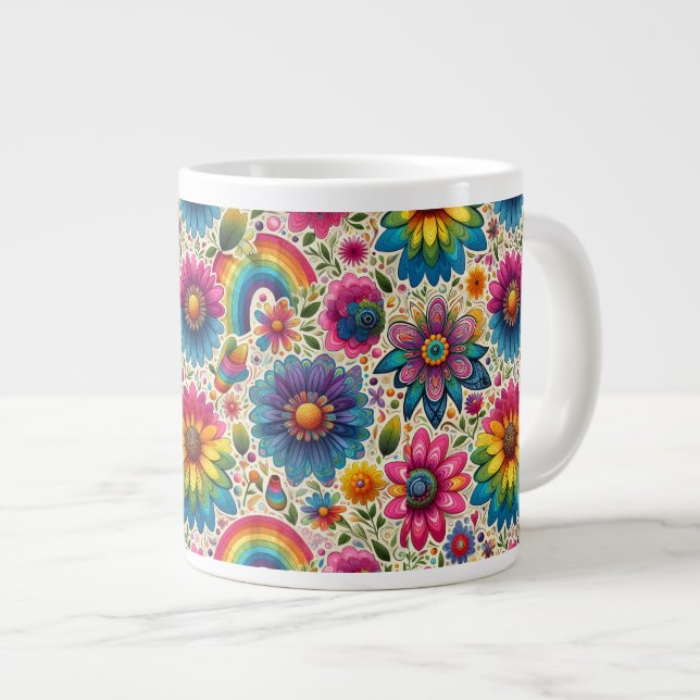 Retro regnbåge Hippie Blommig Jumbo Mugg (Framsida höger)