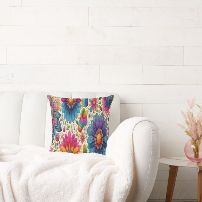 Retro regnbåge Hippie Blommig Kudde (Soffa)
