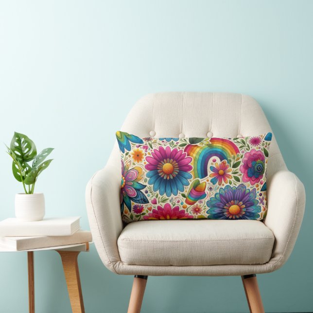 Retro regnbåge Hippie Blommig Lumbarkudde (Stol)