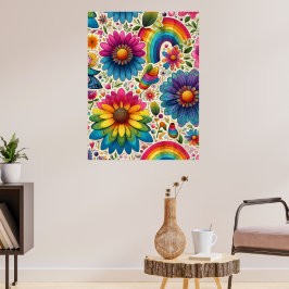 Retro regnbåge Hippie Blommig Poster