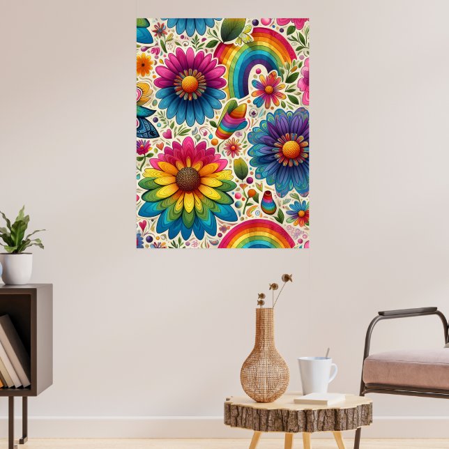 Retro regnbåge Hippie Blommig Poster (Vardagsrum 3)