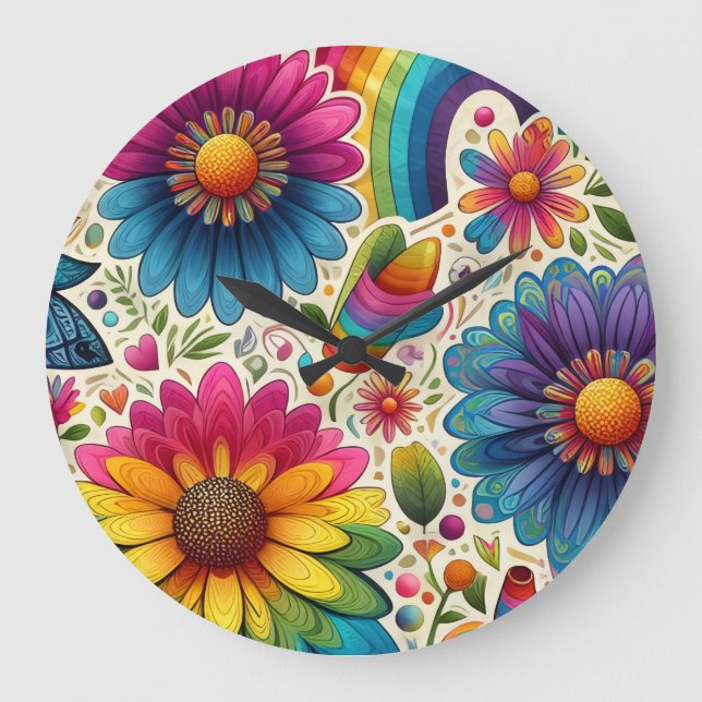 Retro regnbåge Hippie Blommig Stor Klocka (Framsida)