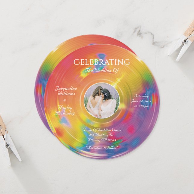 Retro regnbåge musik vinylskiva bröllop inbjudningar (Fram/Back In Situ)