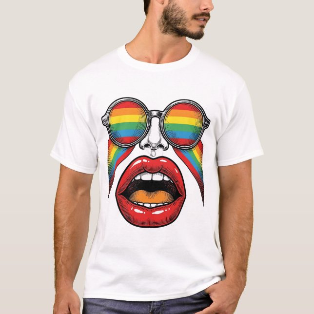 Retro regnbåge solglasögon läppar ansikte vektor d t shirt (Framsida)