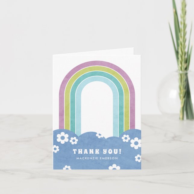 Retro regnbåge & tusenskönor tackkort - lila (Framsida)