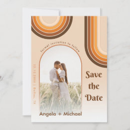 Retro regnbåge välvd fotoboho 70-tal funky trendig spara datumet