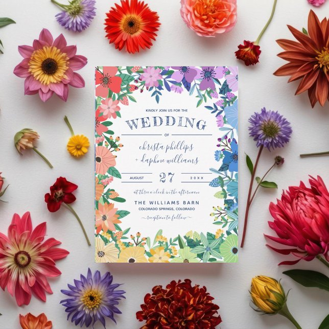 Retro regnbågsblommor gay lesbisk bröllop inbjudningar (Skapare uppladdad)