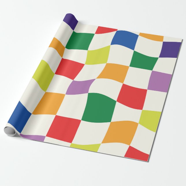 Retro regnbågsfärgade skeva schackrutor  presentpapper (Utrullad)