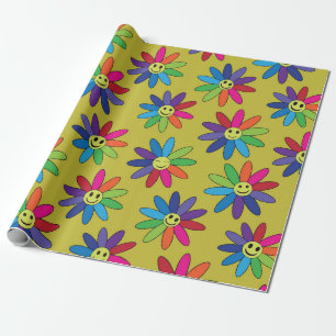 Retro regnbågsmönster med leende blommor presentpapper