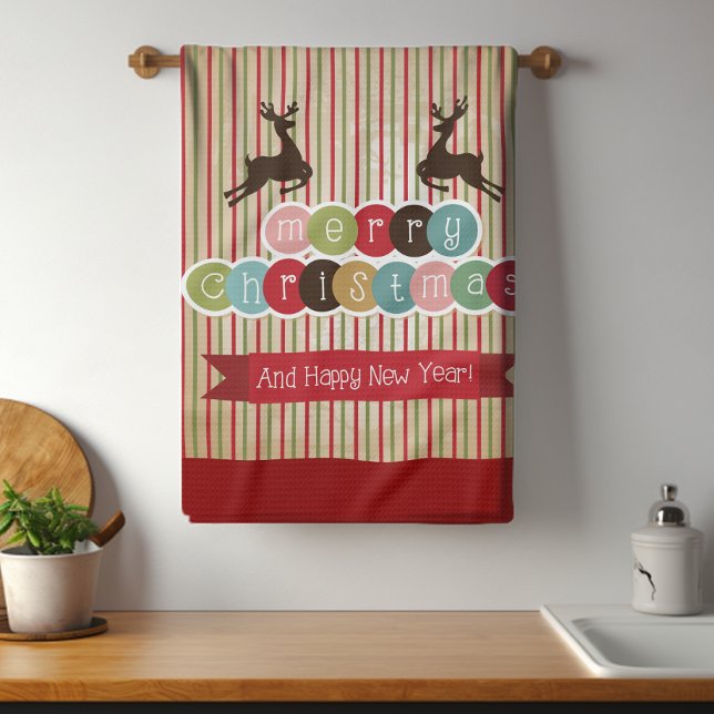 Retro Reindeer God jul Gott nytt år Kökshandduk (Skapare uppladdad)