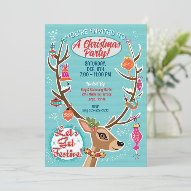 Retro Reindeer-inbjudan till julfest Inbjudningar (Stående Fram)