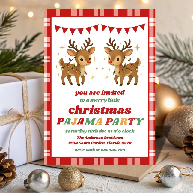 Retro Reindeer Pajama Christmas Party Editable Inbjudningar (Skapare uppladdad)