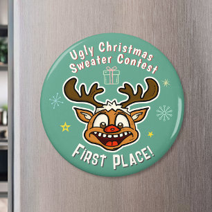 Retro Reindeer Ugly julsötare Tävling 1:a Magnet