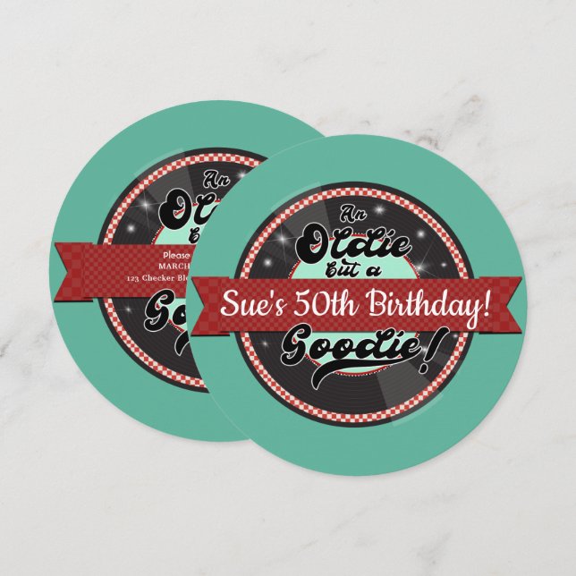 Retro rekordband 50-tals 50-tals födelsedagsfest inbjudningar (Fram/baksida)