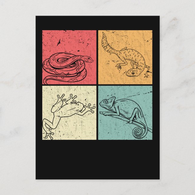Retro Reptiler Orm Gecko Groda Kameleont Vykort (Framsida)